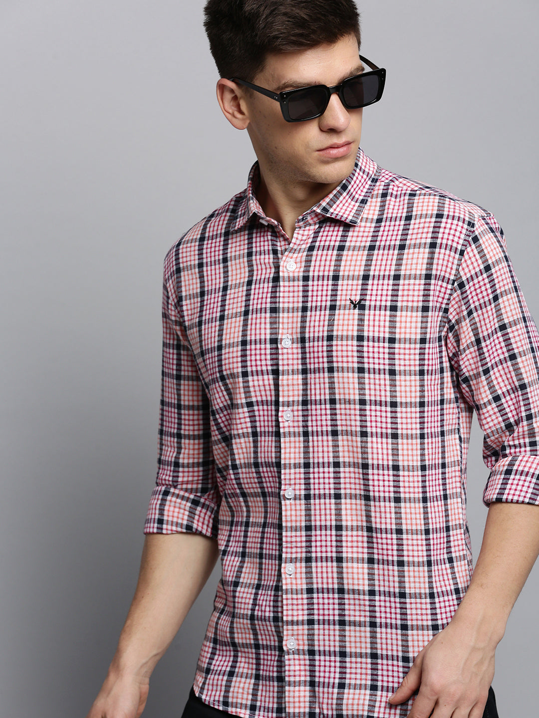 Men Spread Collar Checked White Shirt