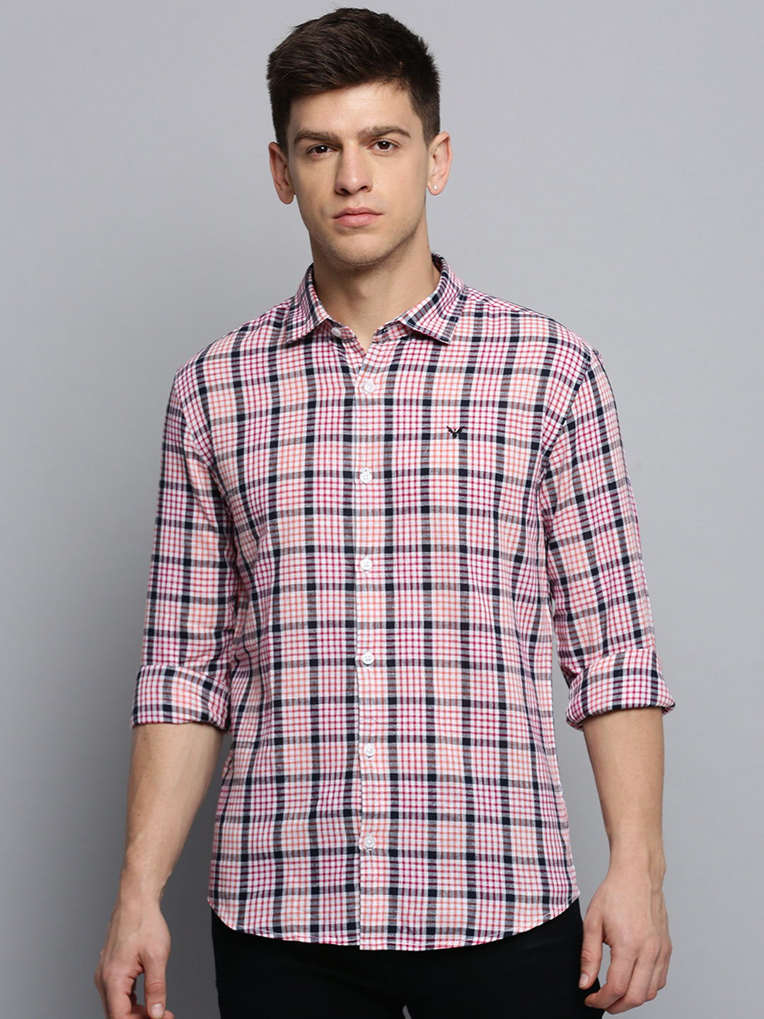 Men Spread Collar Checked White Shirt