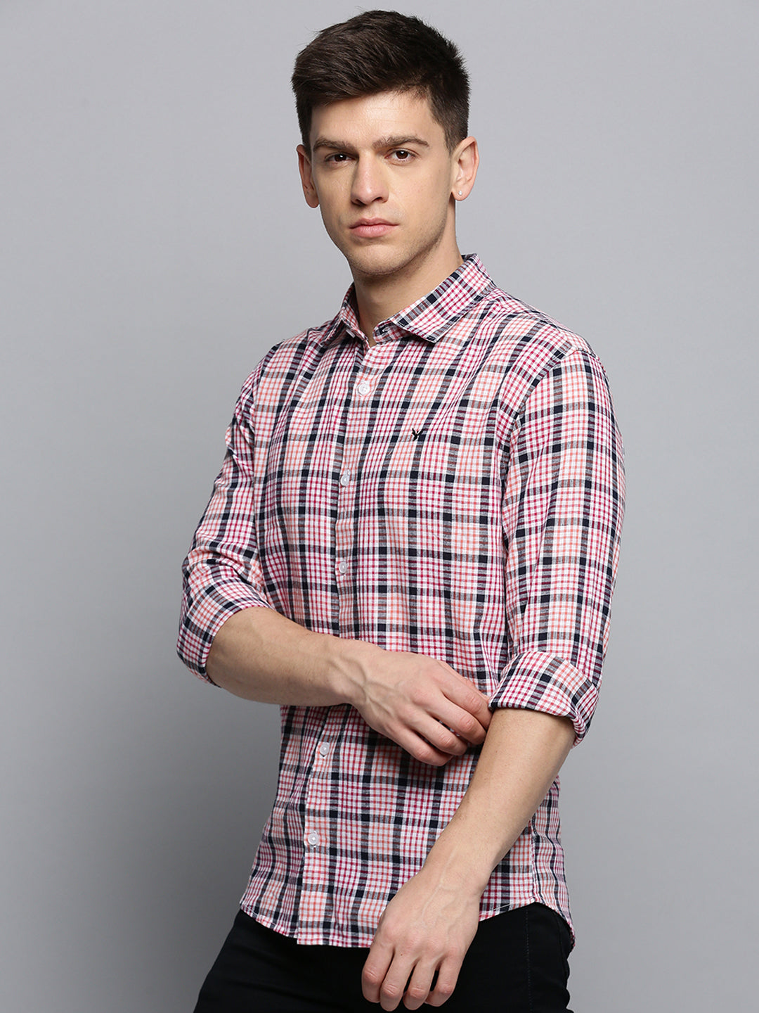 Men Spread Collar Checked White Shirt