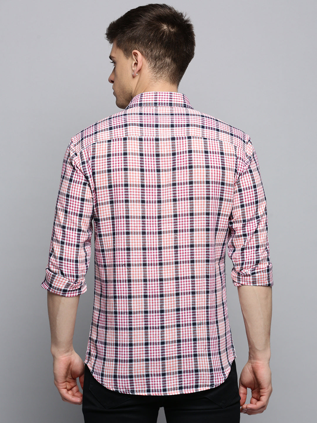 Men Spread Collar Checked White Shirt