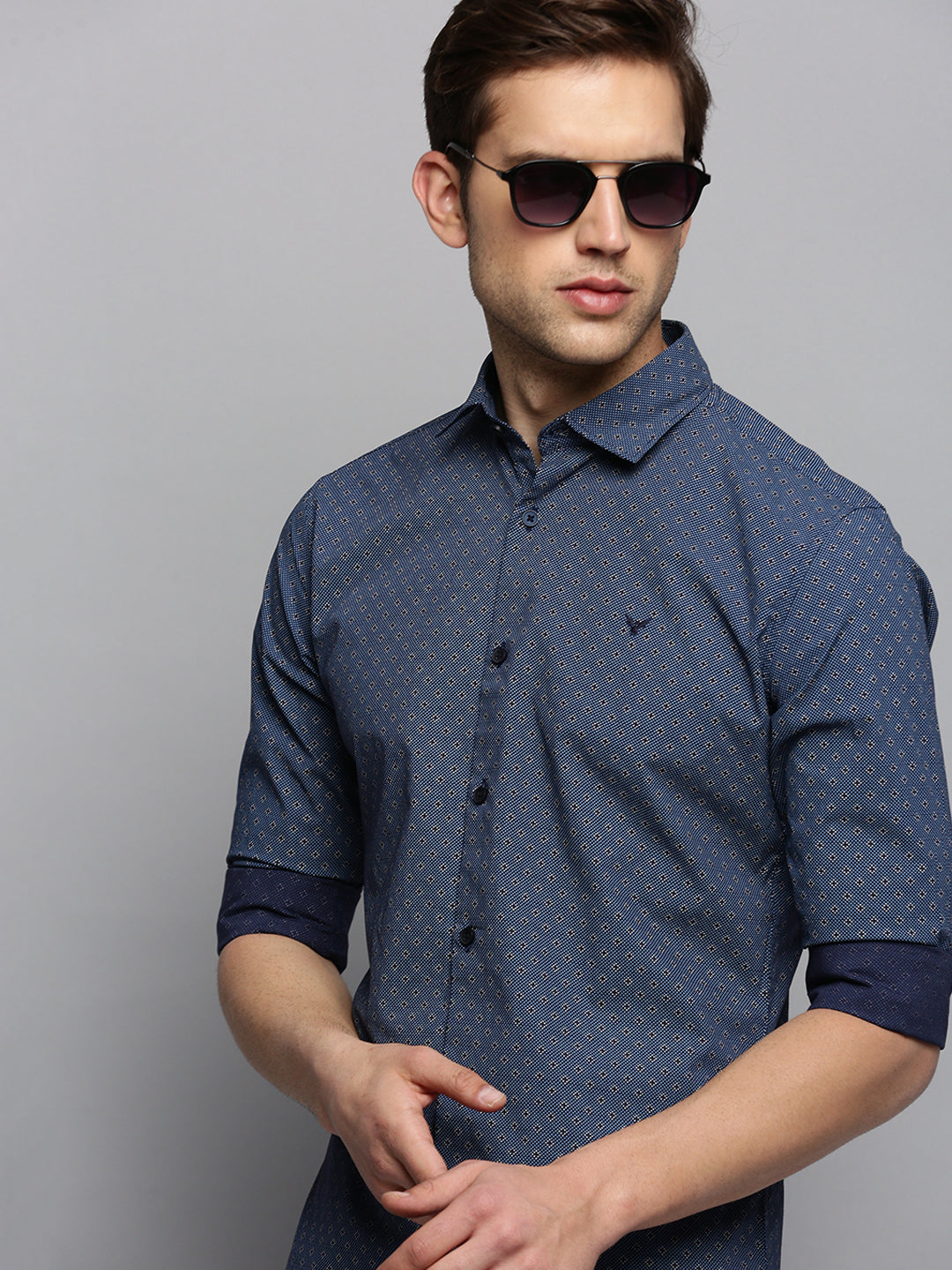 Men Spread Collar Printed Navy Blue Shirt