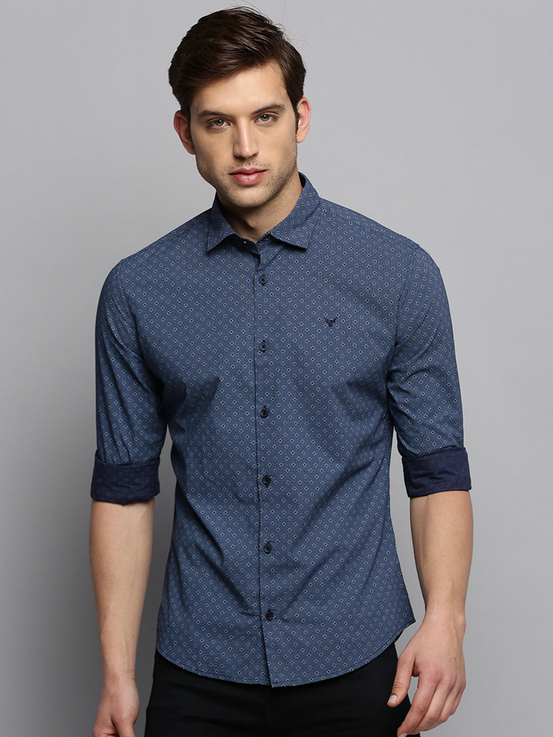 Men Spread Collar Printed Navy Blue Shirt