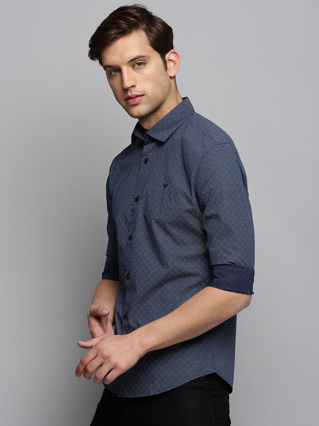 Men Spread Collar Printed Navy Blue Shirt