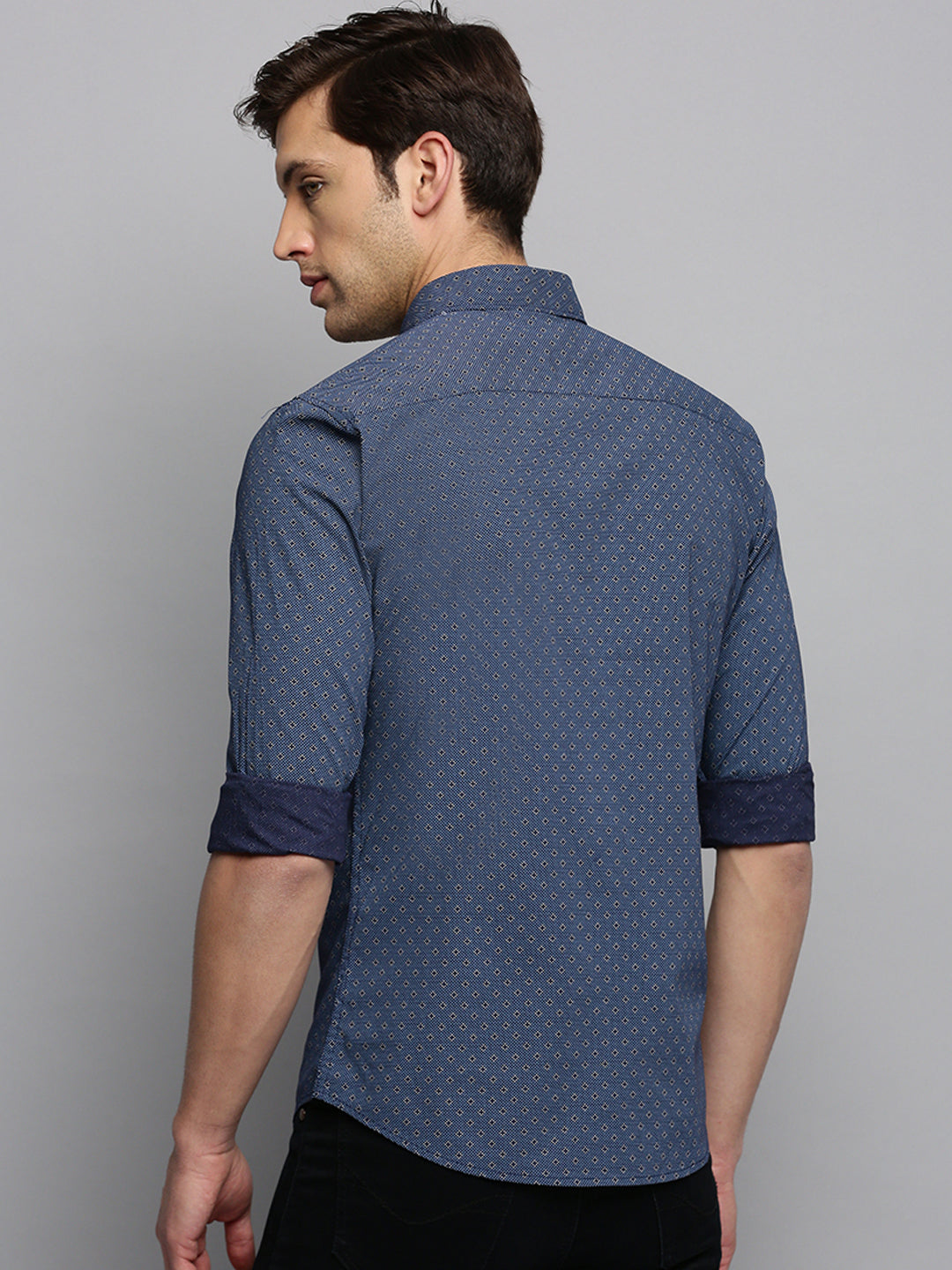 Men Spread Collar Printed Navy Blue Shirt