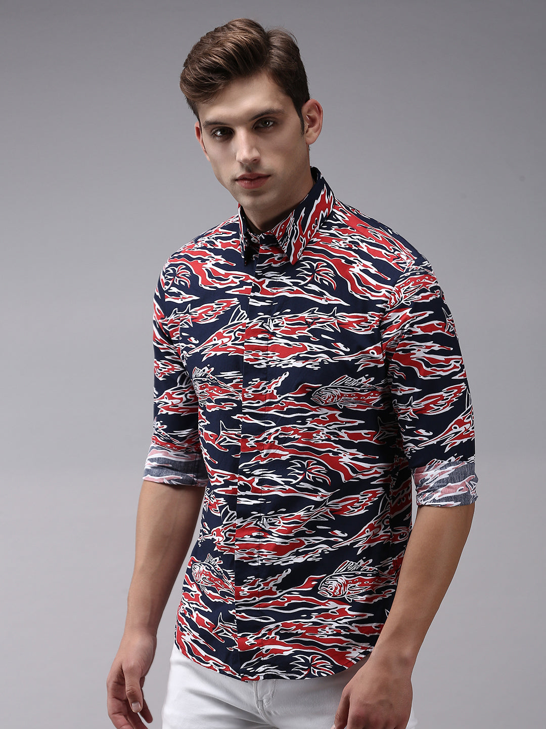 Men Abstract Navy Blue Slim Fit Shirt