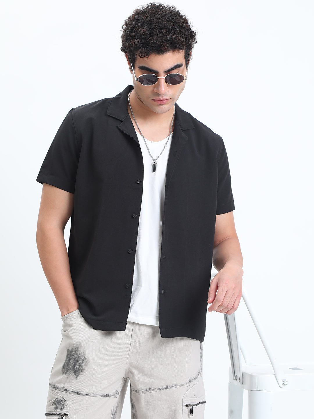 Men's Black Short Sleeve Relaxed Fit Cuban Collar Shirt