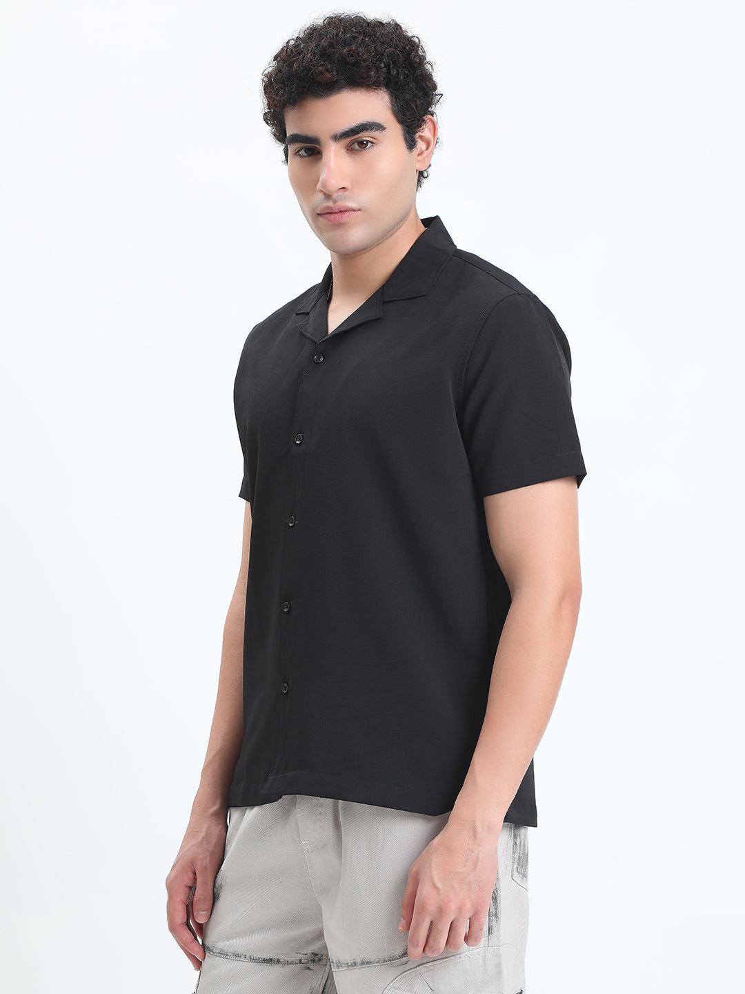 Men's Black Short Sleeve Relaxed Fit Cuban Collar Shirt