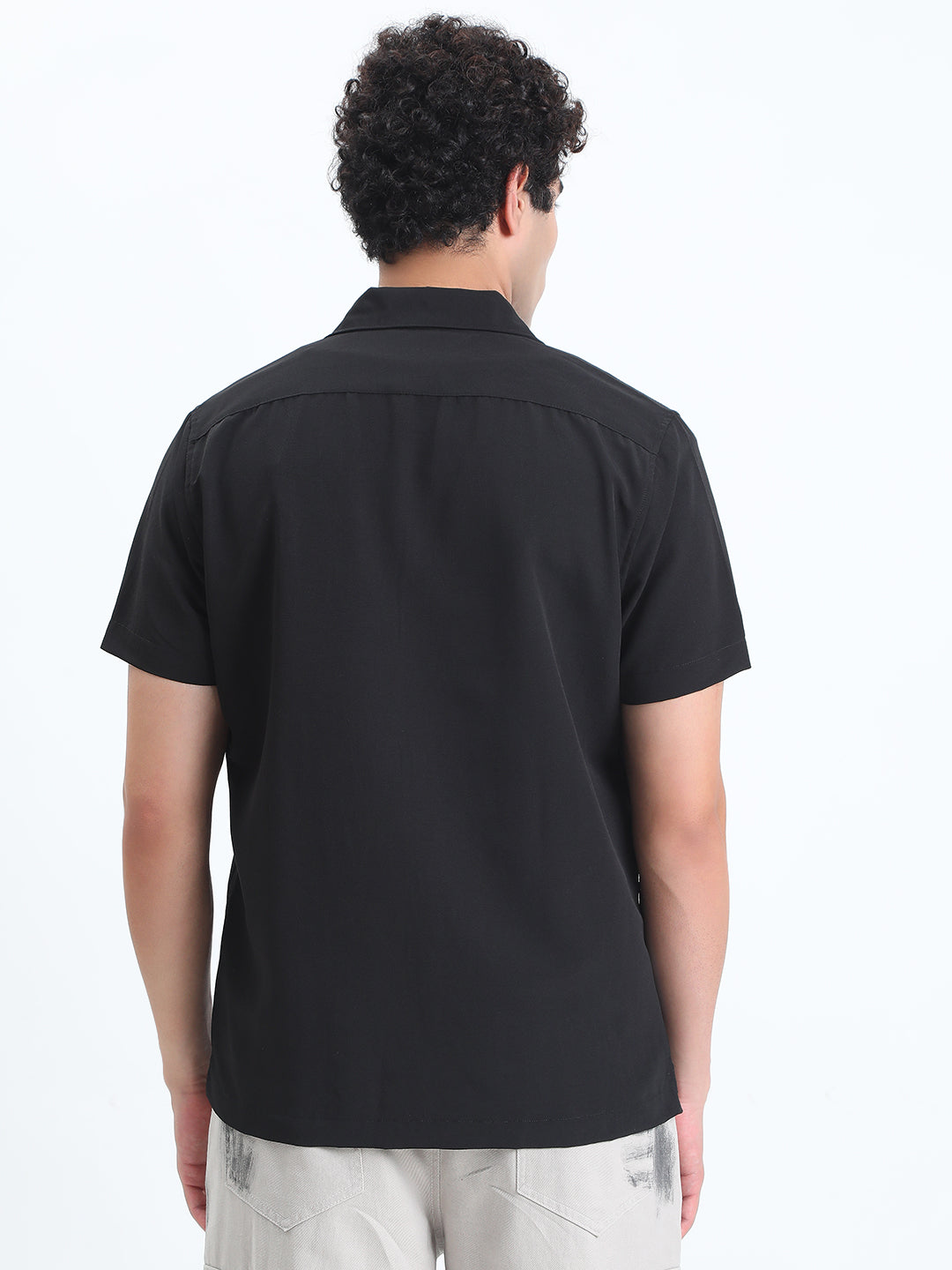 Men's Black Short Sleeve Relaxed Fit Cuban Collar Shirt