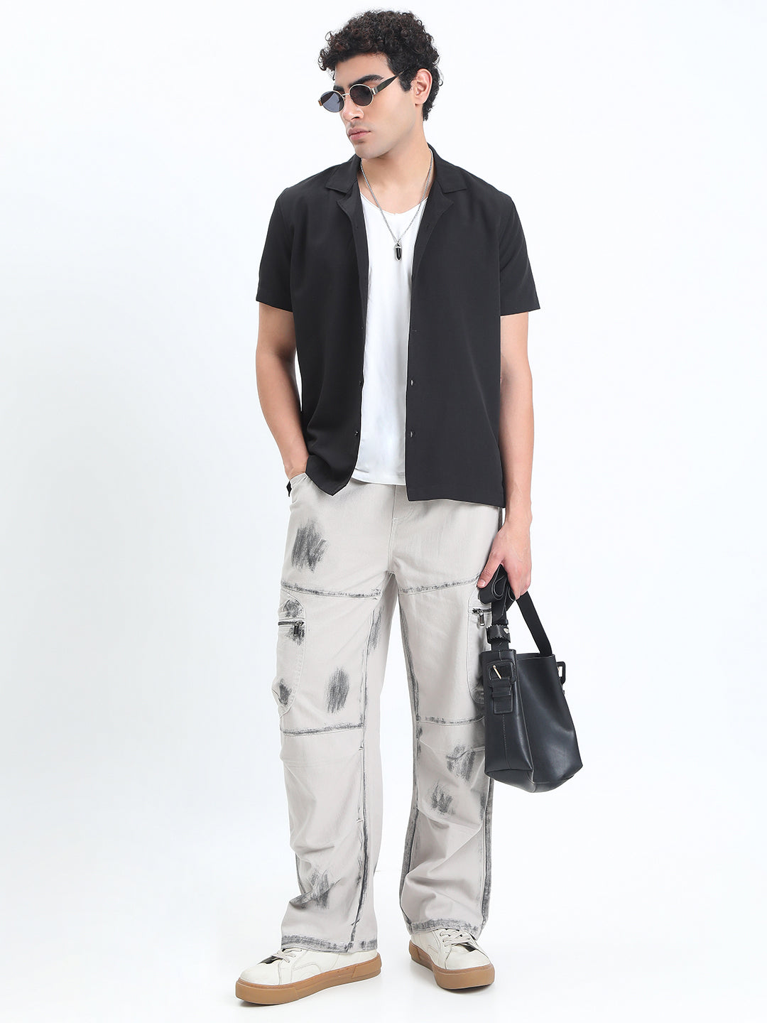 Men's Black Short Sleeve Relaxed Fit Cuban Collar Shirt