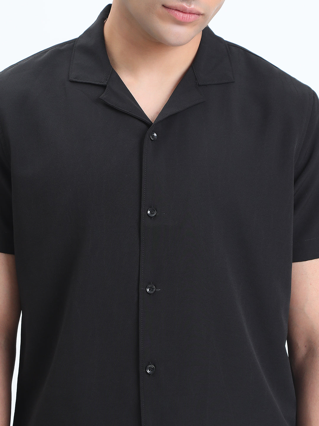 Men's Black Short Sleeve Relaxed Fit Cuban Collar Shirt