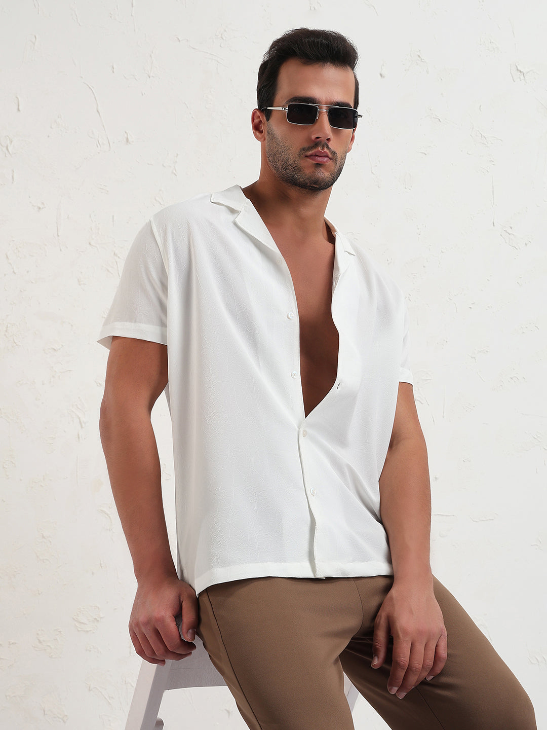 Men's White Cuban Collar Solid Relaxed Fit Shirt