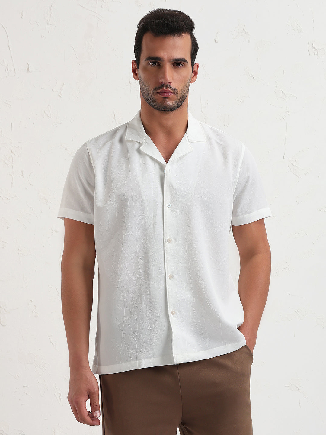 Men's White Cuban Collar Solid Relaxed Fit Shirt