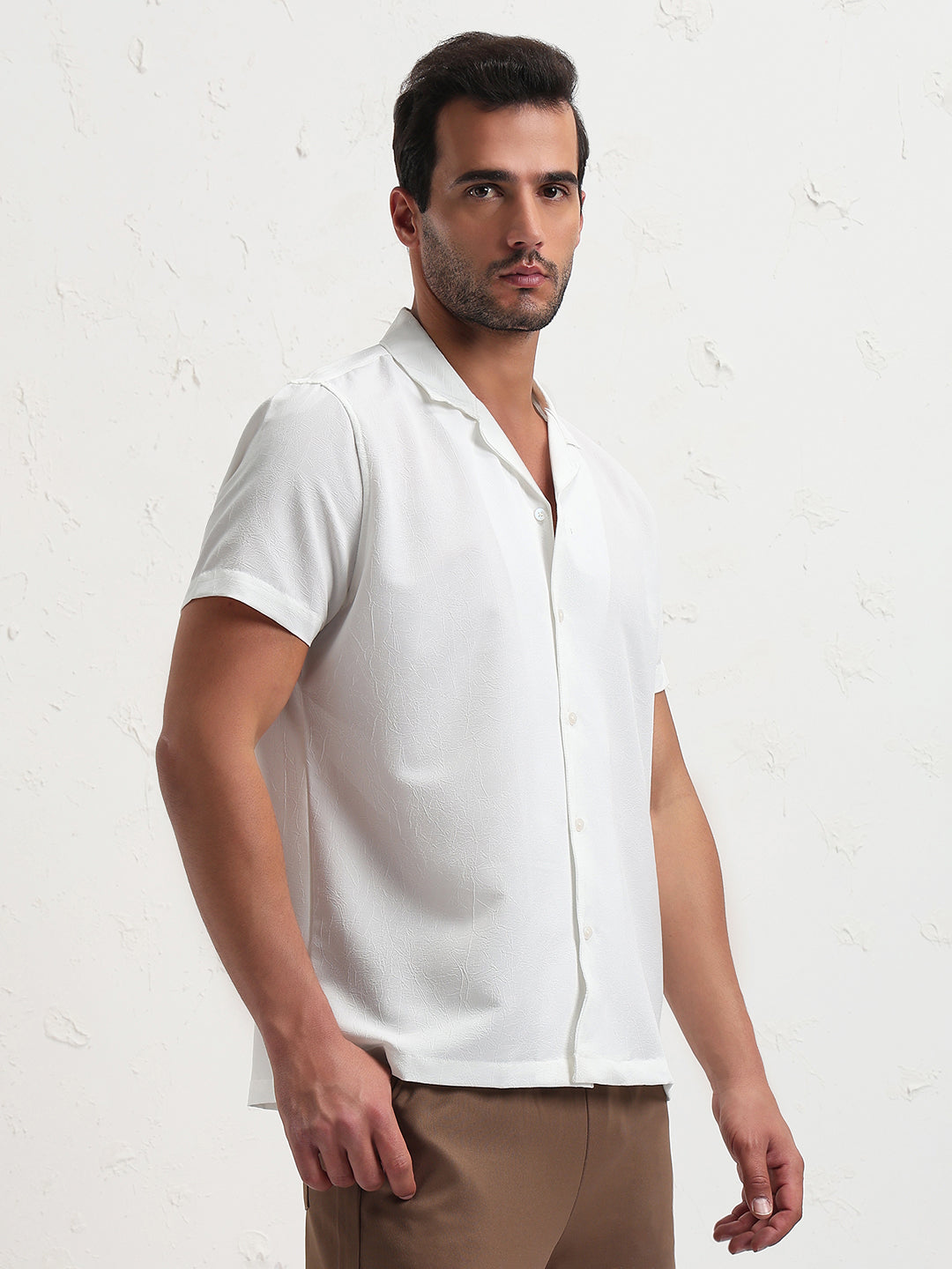 Men's White Cuban Collar Solid Relaxed Fit Shirt