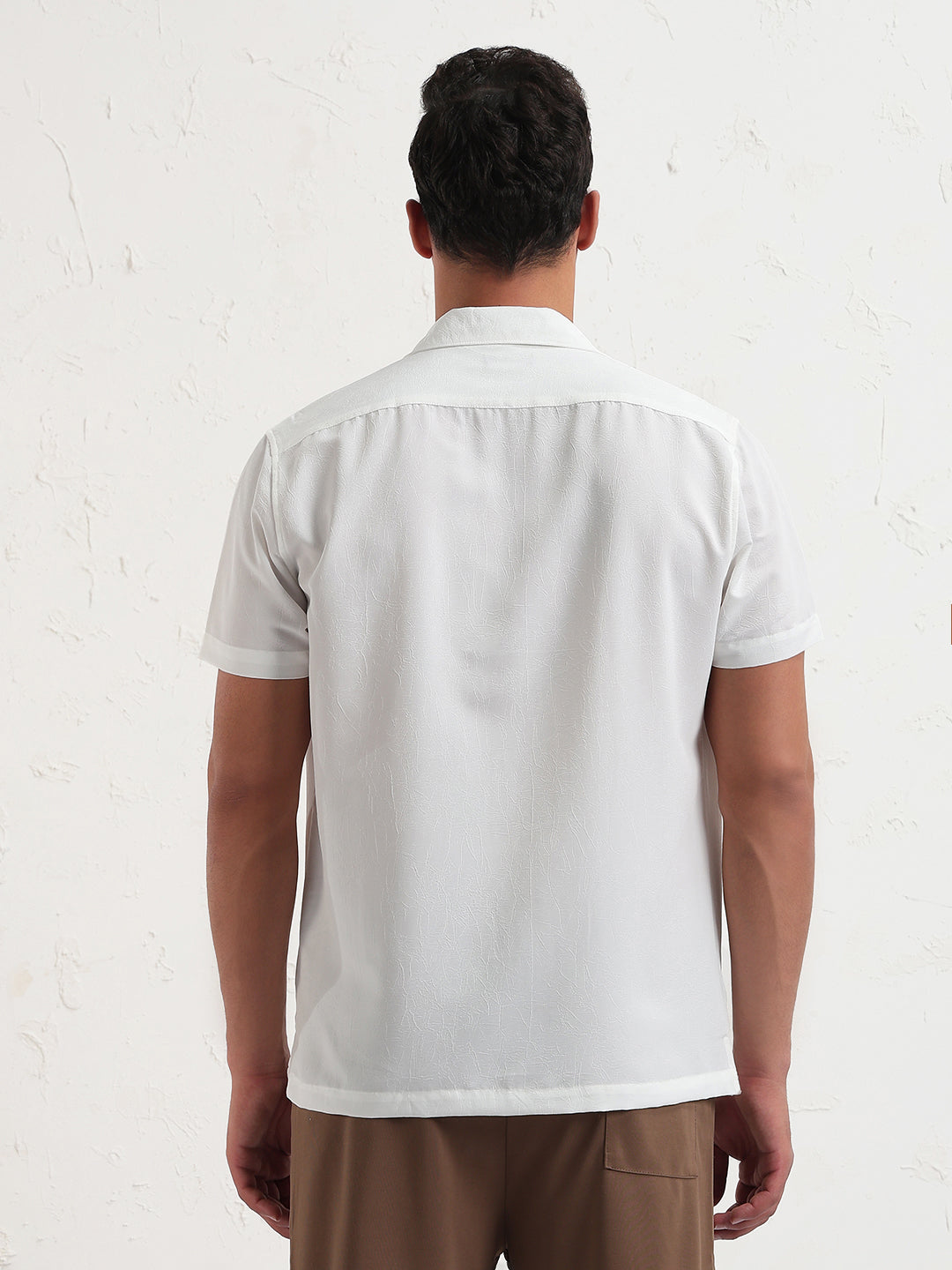 Men's White Cuban Collar Solid Relaxed Fit Shirt