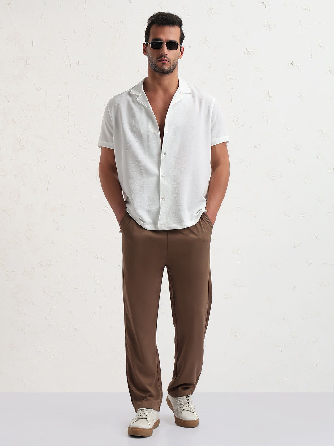 Men's White Cuban Collar Solid Relaxed Fit Shirt