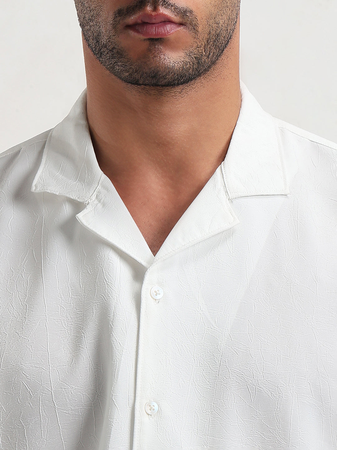 Men's White Cuban Collar Solid Relaxed Fit Shirt