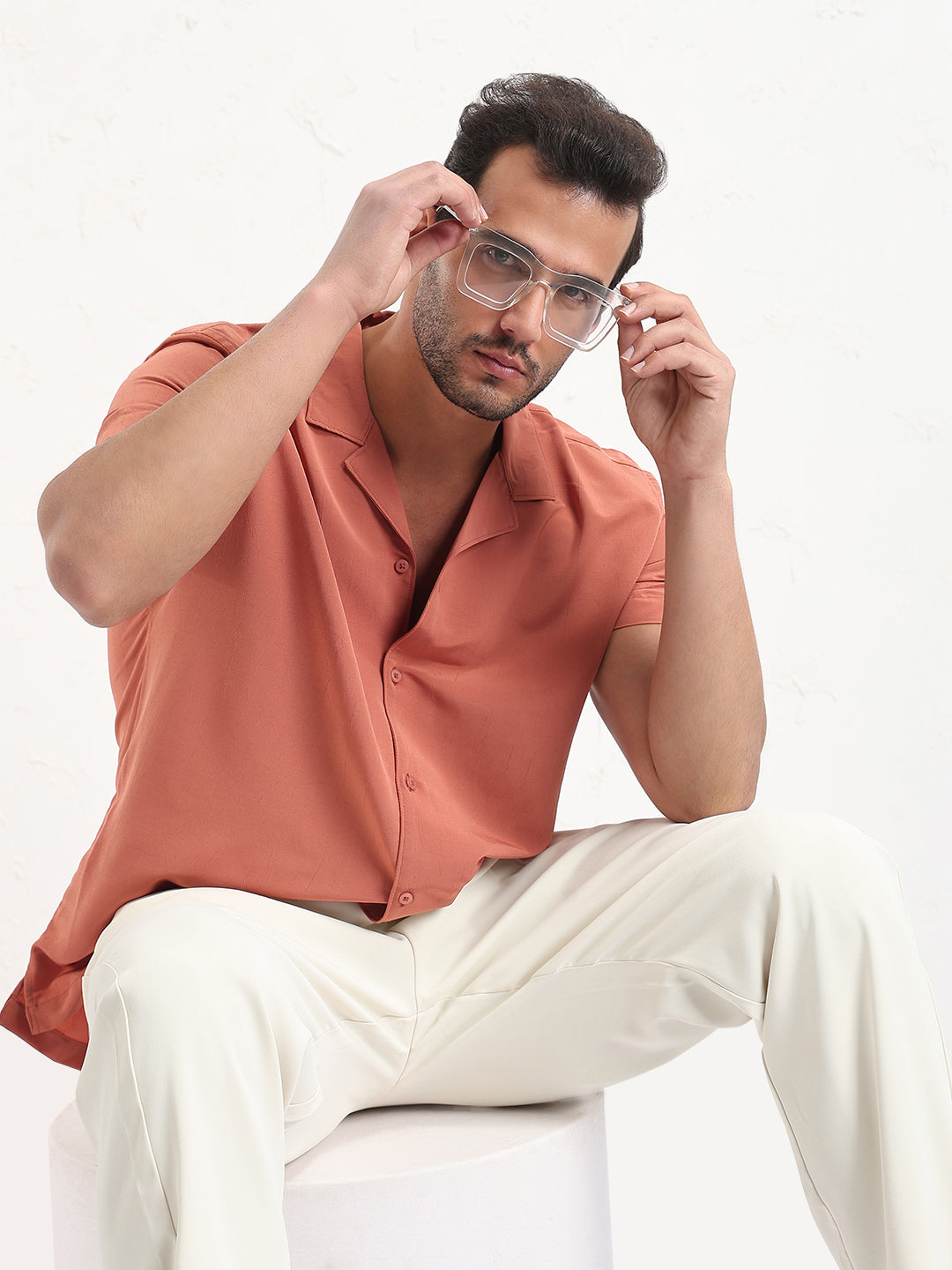 Men's Rust Cuban Collar Solid Relaxed Fit Shirt