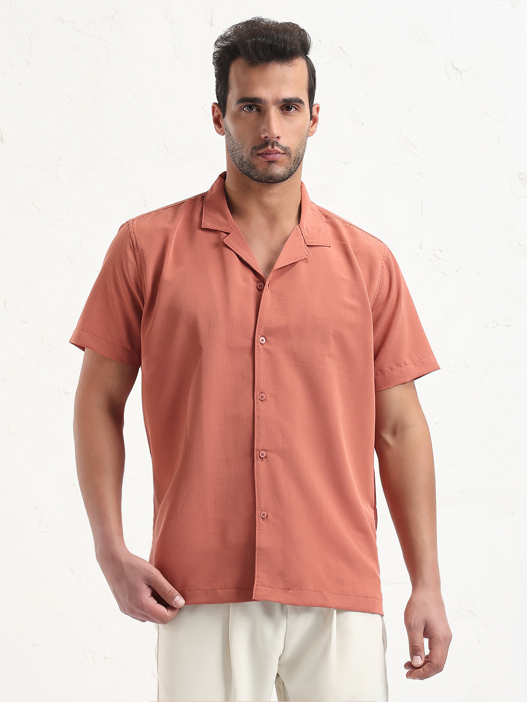Men's Rust Cuban Collar Solid Relaxed Fit Shirt