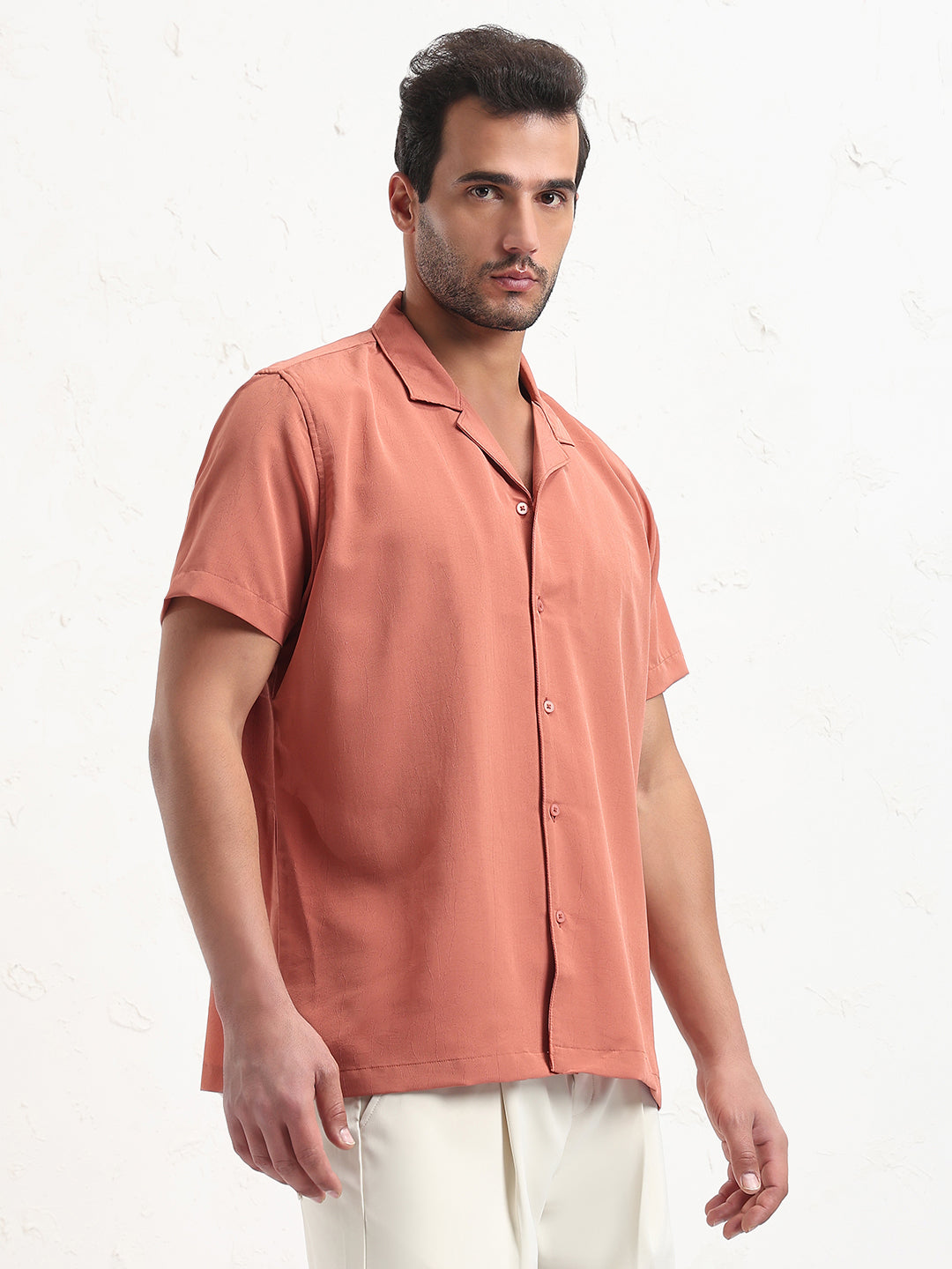 Men's Rust Cuban Collar Solid Relaxed Fit Shirt
