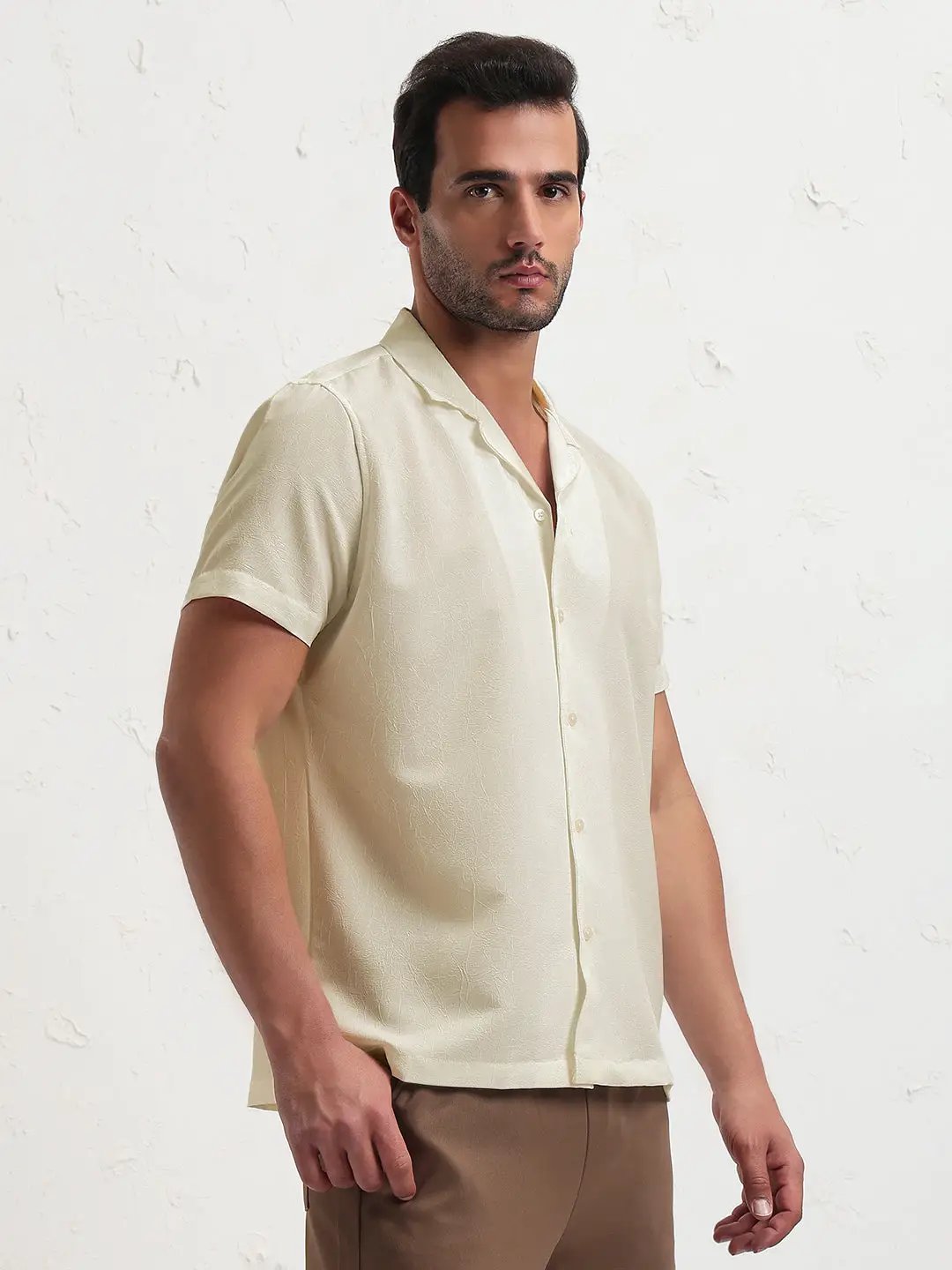 Buy Men's Beige Cuban Collar Relaxed Fit Shirt | Showoffff Buy Men's Beige Cuban Collar Relaxed Fit Shirt | Showoffff