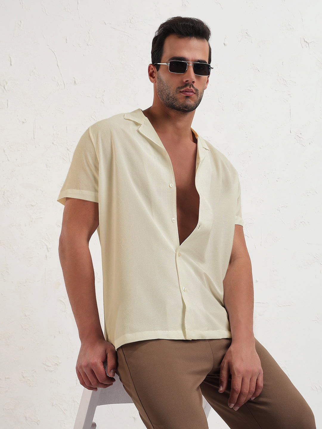 Men's Beige Cuban Collar Relaxed Fit Shirt