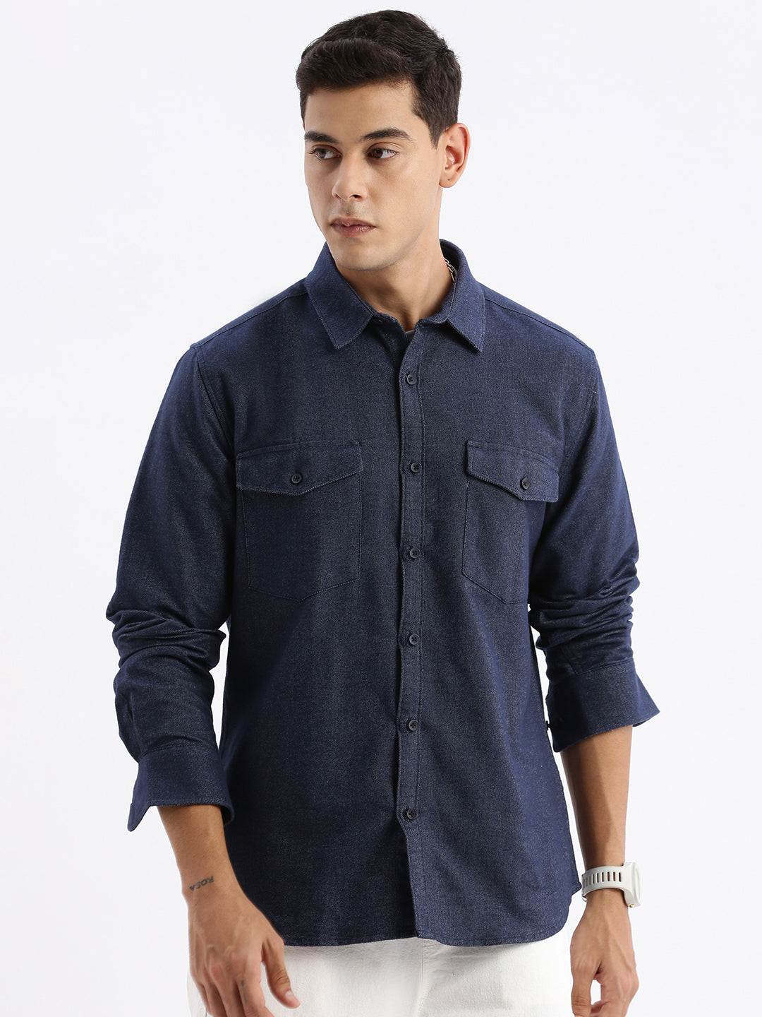 Men Spread Collar Solid Slim Fit Navy Blue Shirt