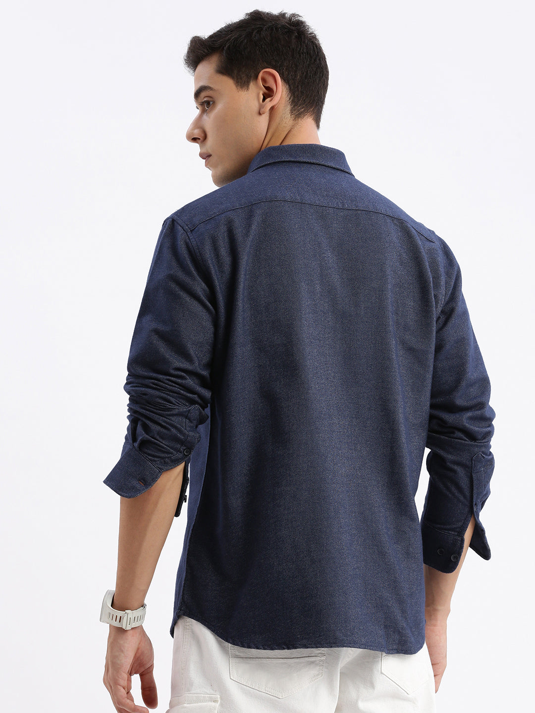 Men Spread Collar Solid Slim Fit Navy Blue Shirt