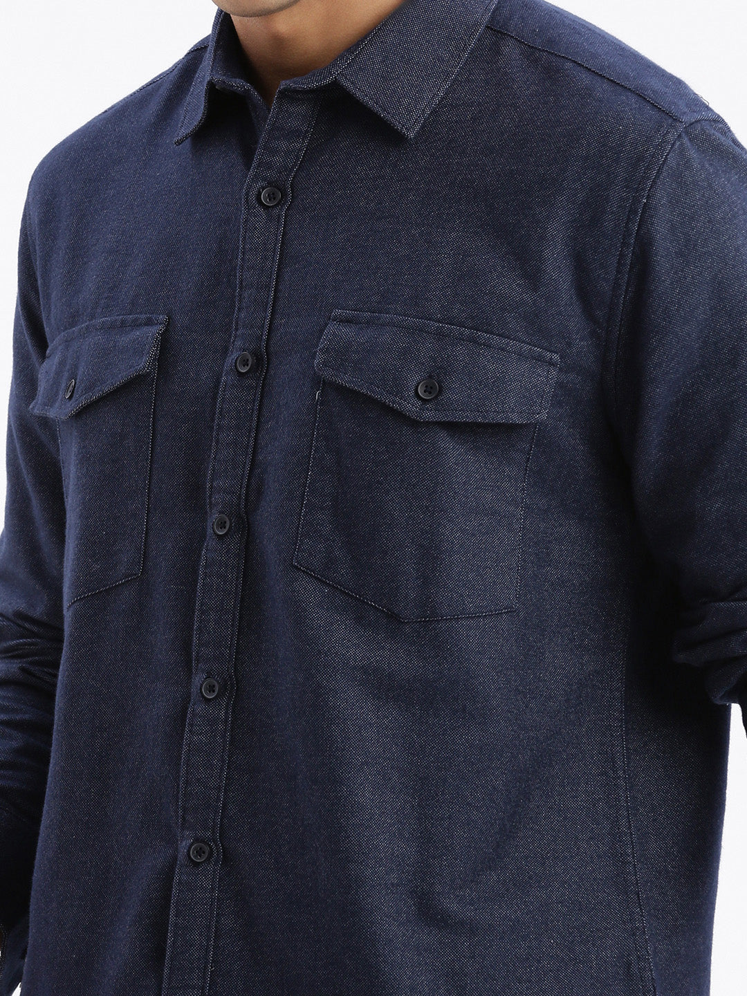 Men Spread Collar Solid Slim Fit Navy Blue Shirt