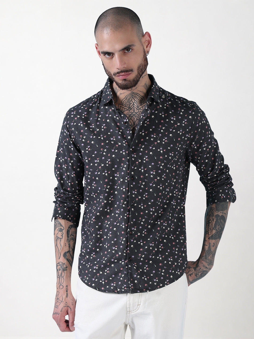 Men's Grey Floral Slim Fit Shirt