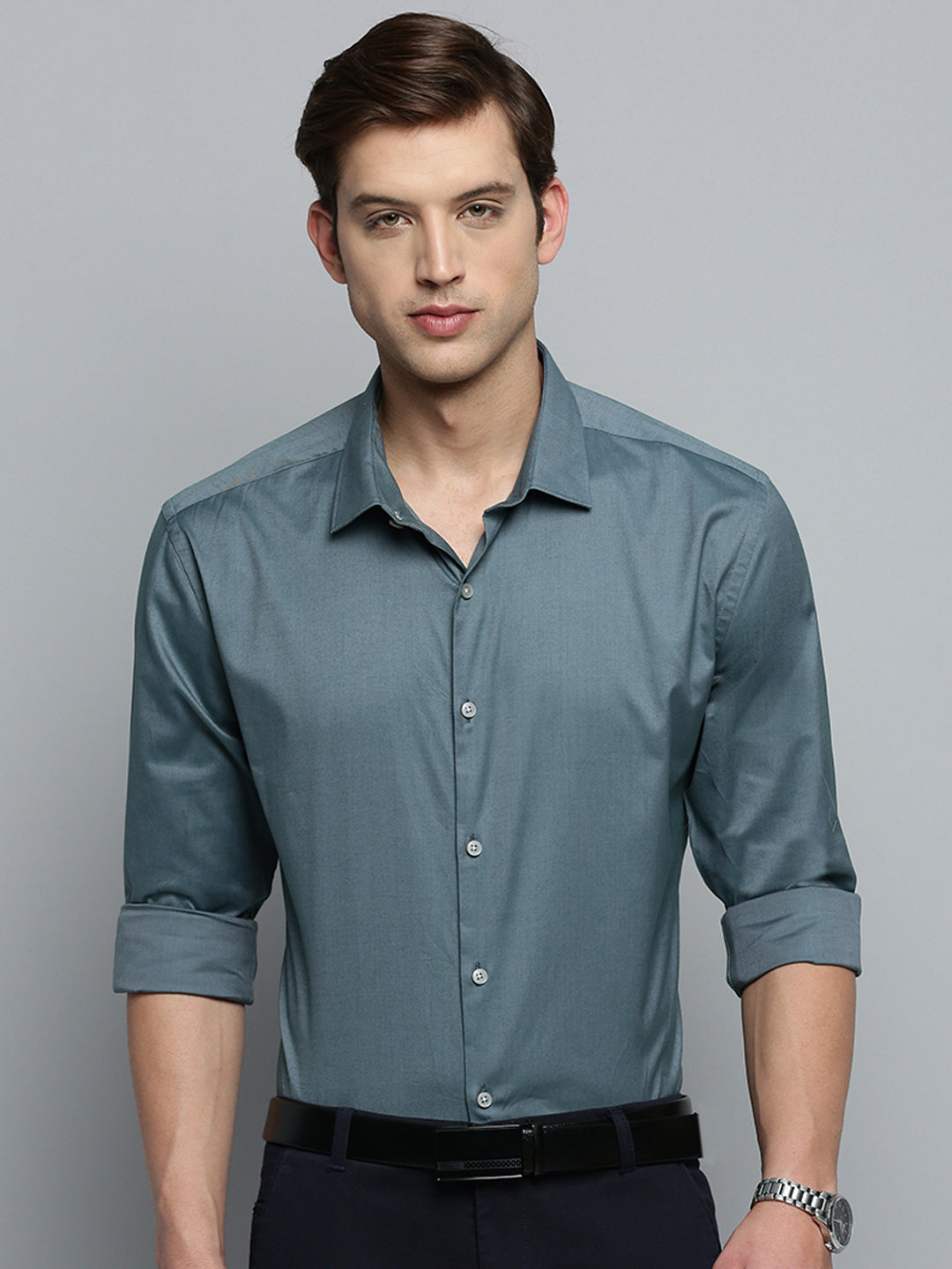 Men's Spread Collar Solid Grey Shirt