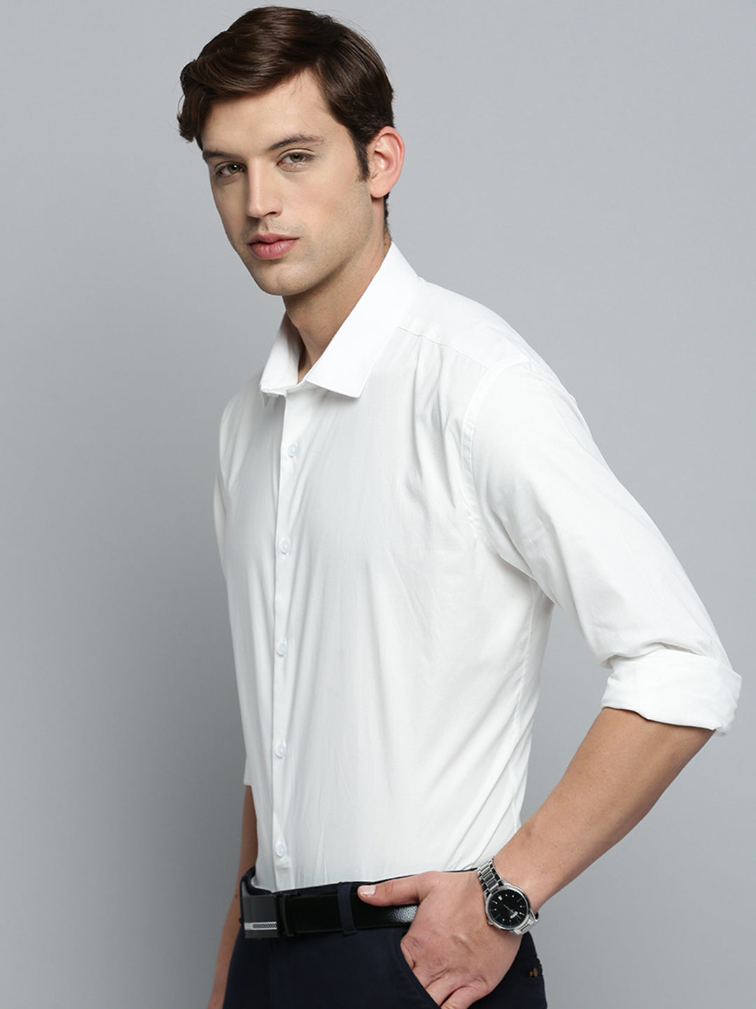 Men Spread Collar Self Design White Shirt