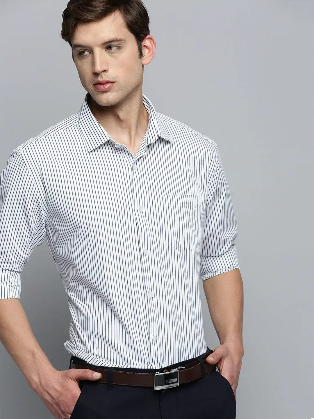 Men's Spread Collar Striped White Shirt