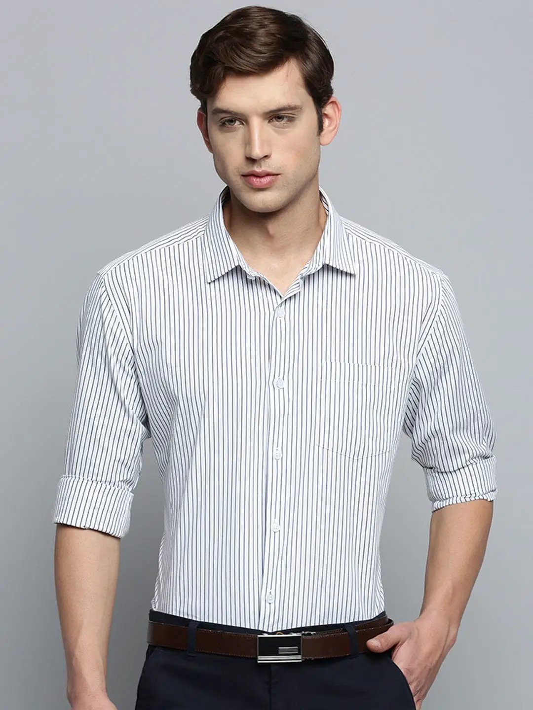 Men's Spread Collar Striped White Shirt
