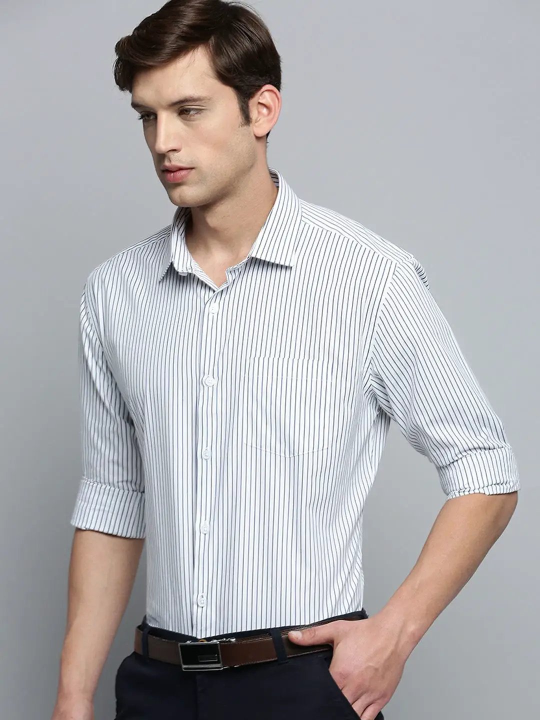 Men's Spread Collar Striped White Shirt