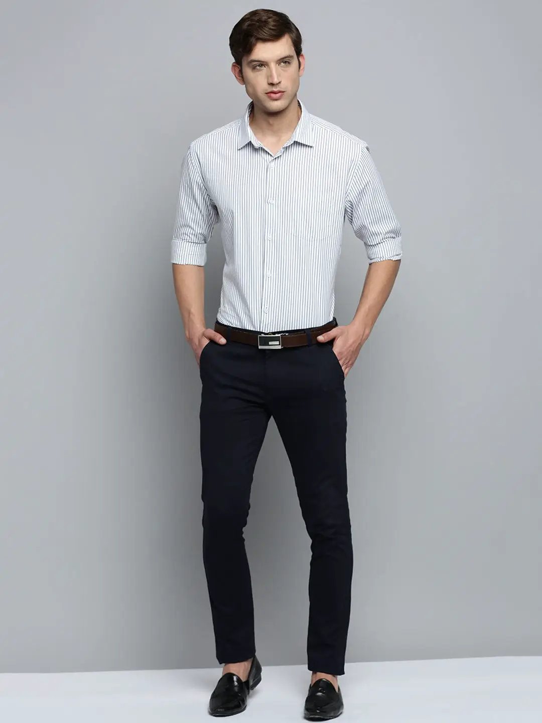 Men's Spread Collar Striped White Shirt