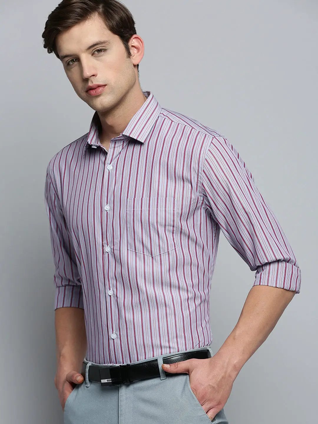 Men's Spread Collar Self Design Maroon Shirt
