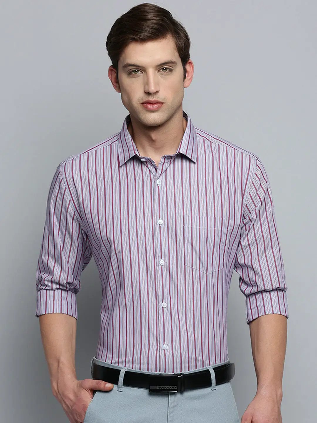 Men's Spread Collar Self Design Maroon Shirt
