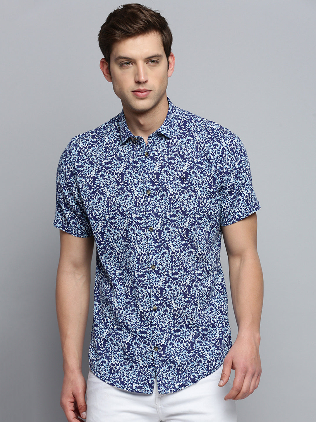 Men Spread Collar Printed Navy Blue Shirt