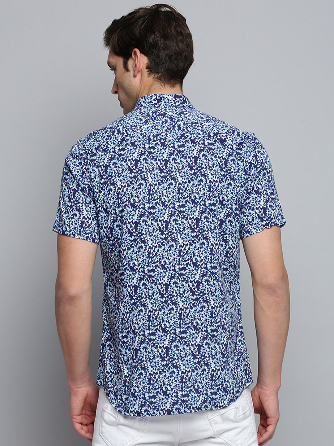 Men Spread Collar Printed Navy Blue Shirt