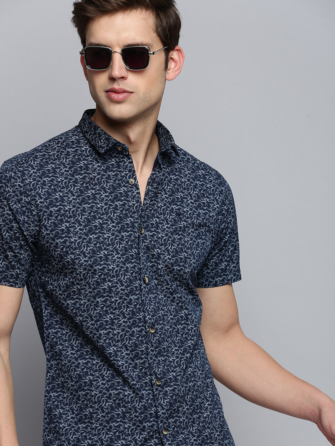 Men Spread Collar Printed Navy Blue Shirt