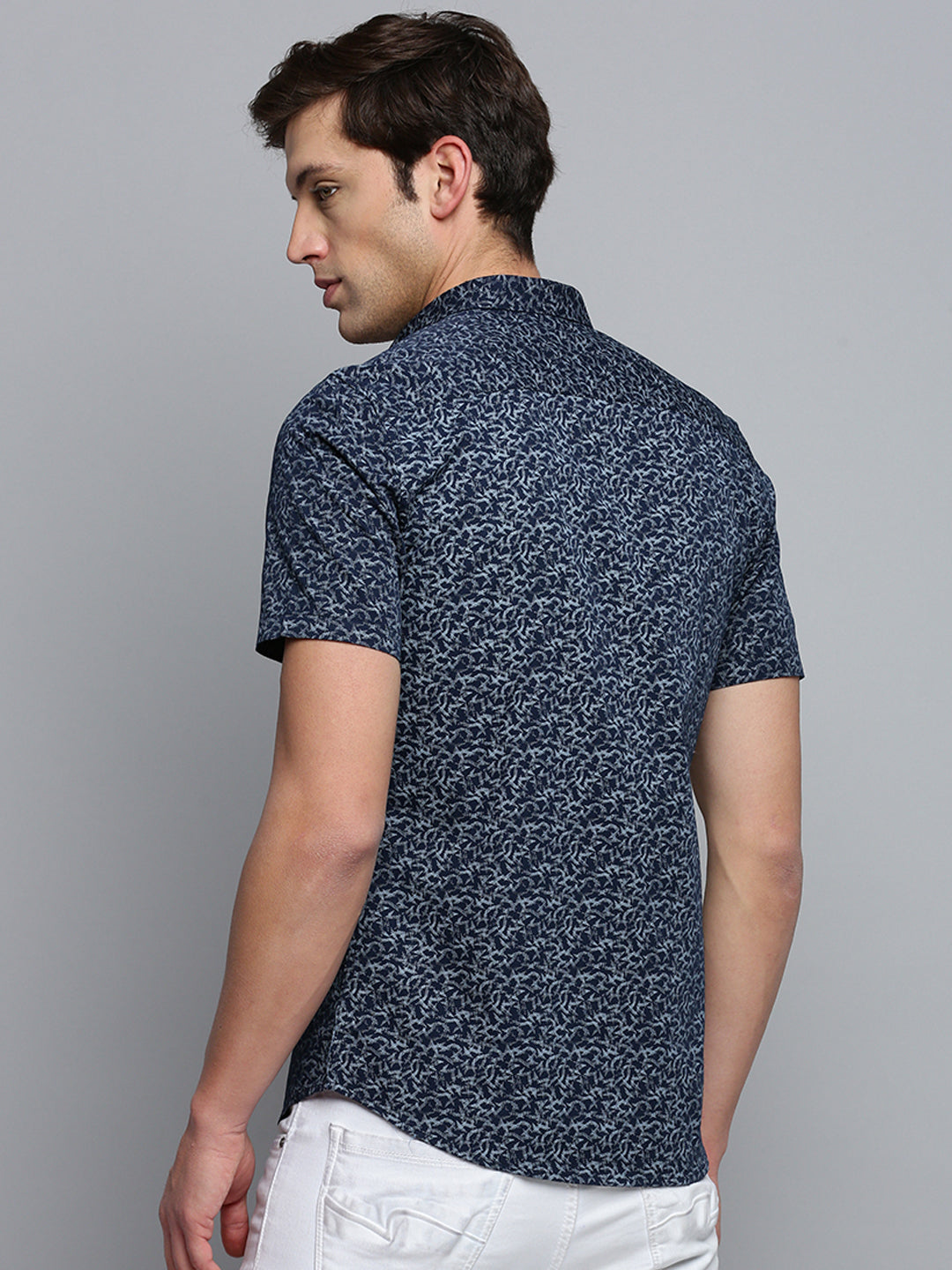 Men Spread Collar Printed Navy Blue Shirt