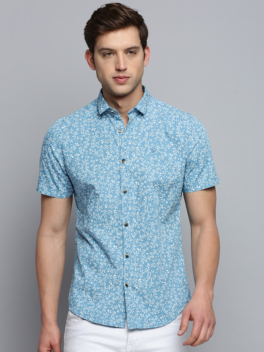 Men Spread Collar Printed Blue Shirt