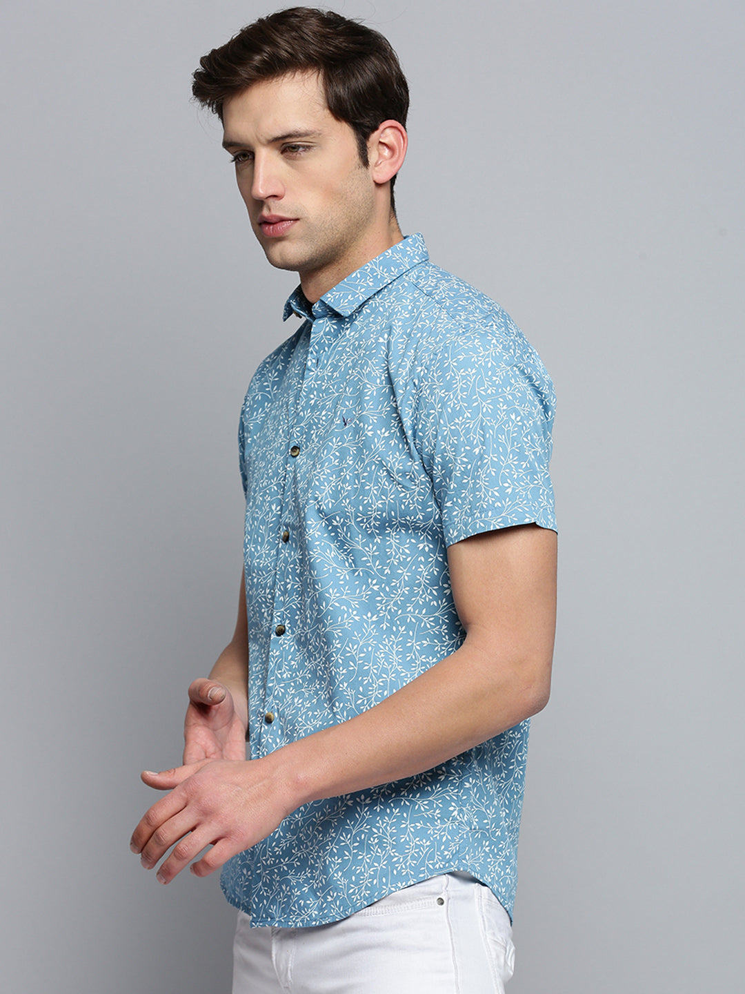 Men Spread Collar Printed Blue Shirt