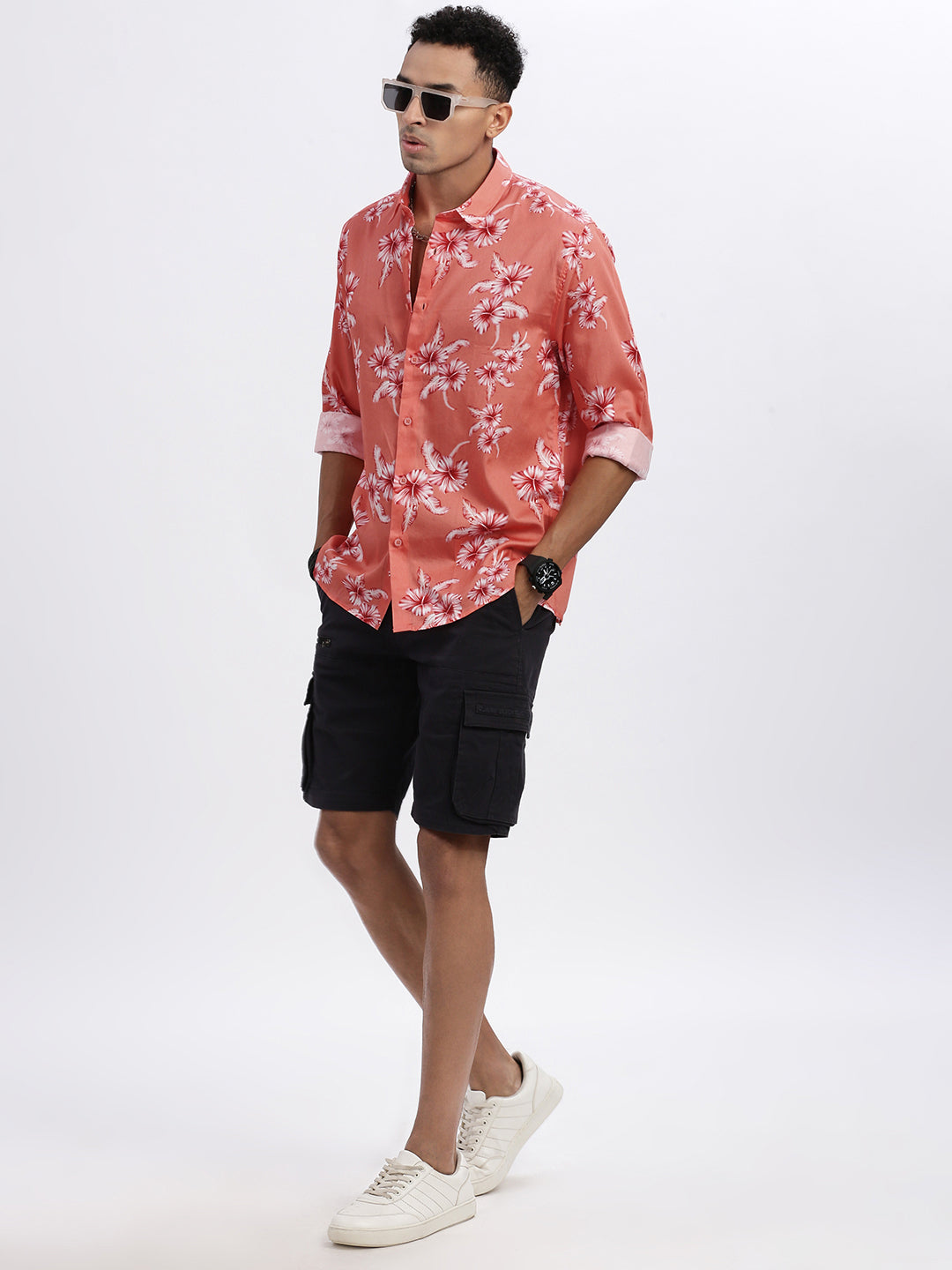 Men Peach Floral Slim Fit Shirt