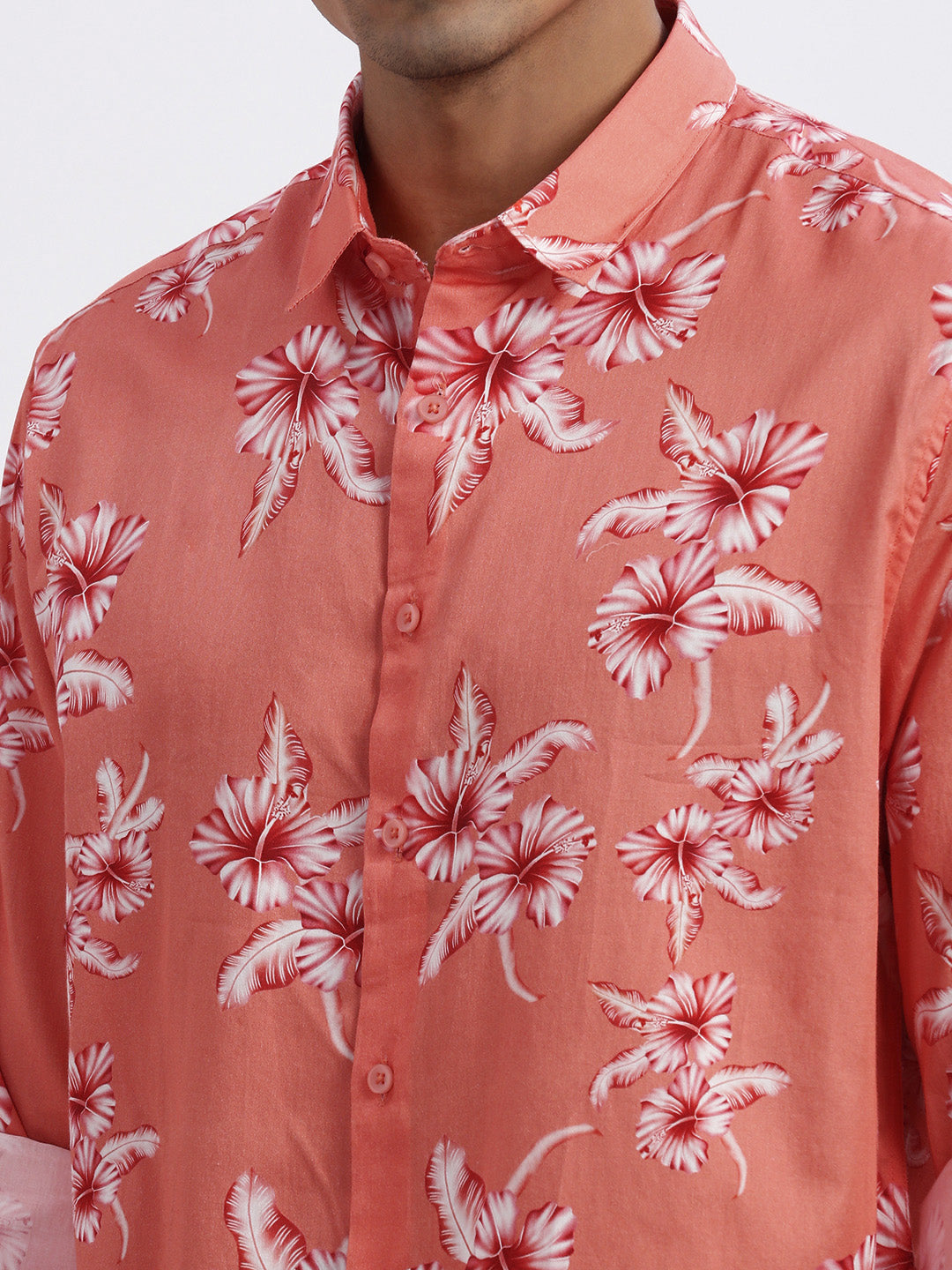 Men Peach Floral Slim Fit Shirt