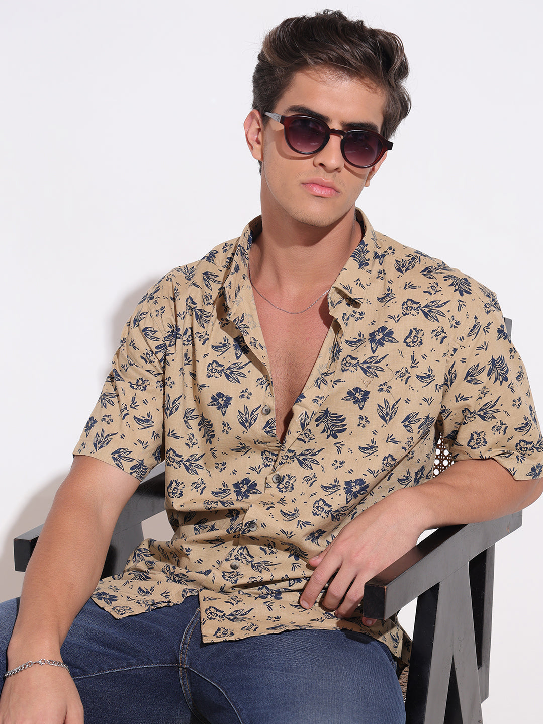 Men's Floral Printed Beige Relaxed Short Sleeve Shirt
