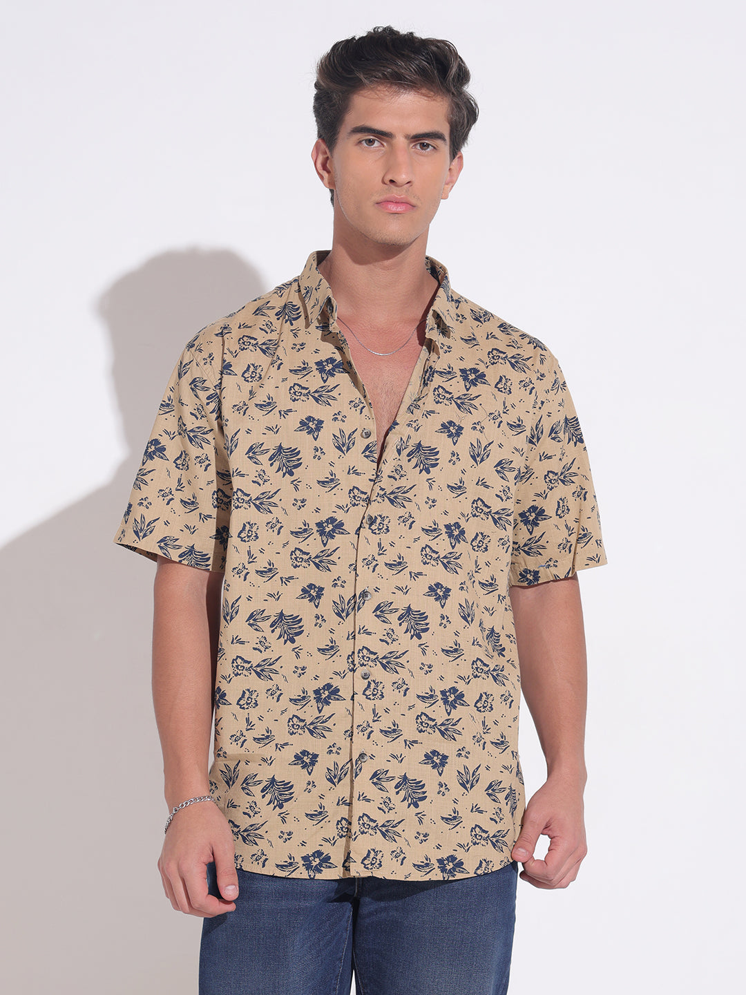 Men's Floral Printed Beige Relaxed Short Sleeve Shirt