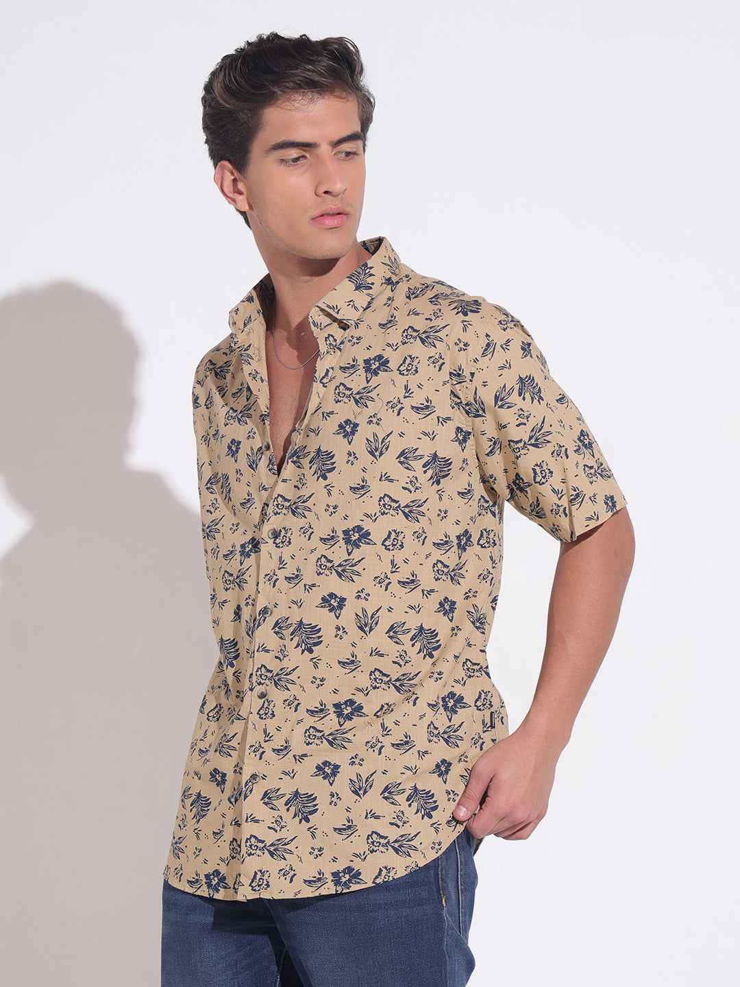 Men's Floral Printed Beige Relaxed Short Sleeve Shirt