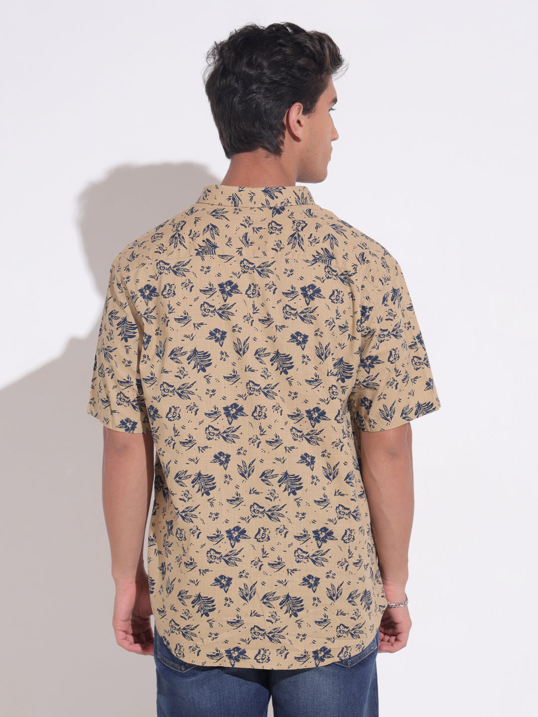 Men's Floral Printed Beige Relaxed Short Sleeve Shirt