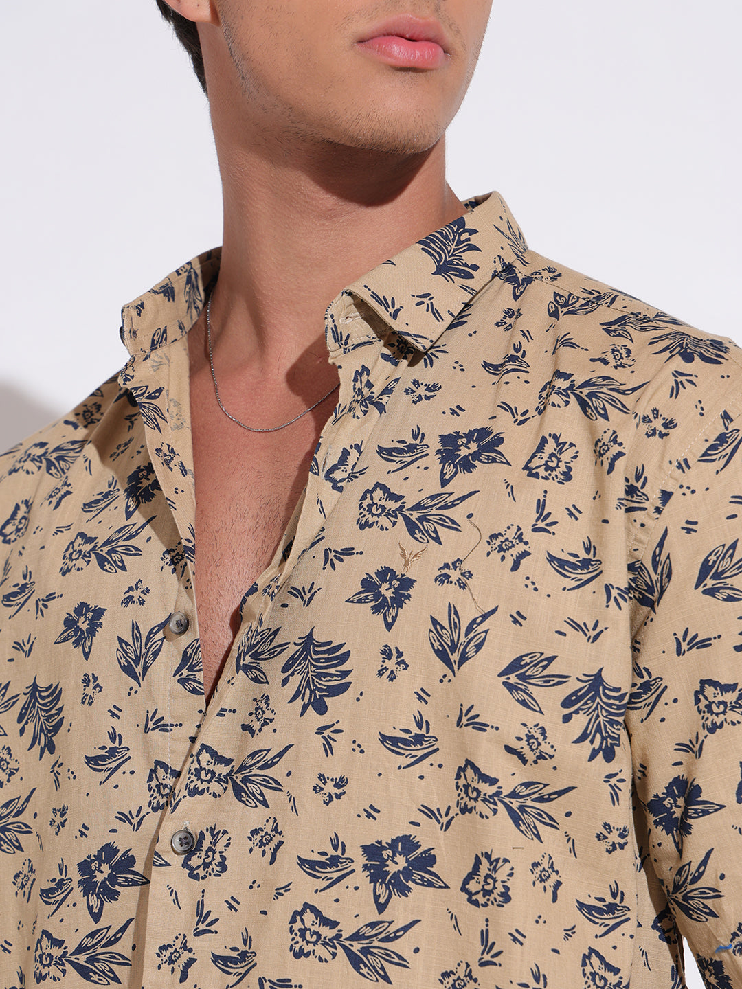 Men's Floral Printed Beige Relaxed Short Sleeve Shirt